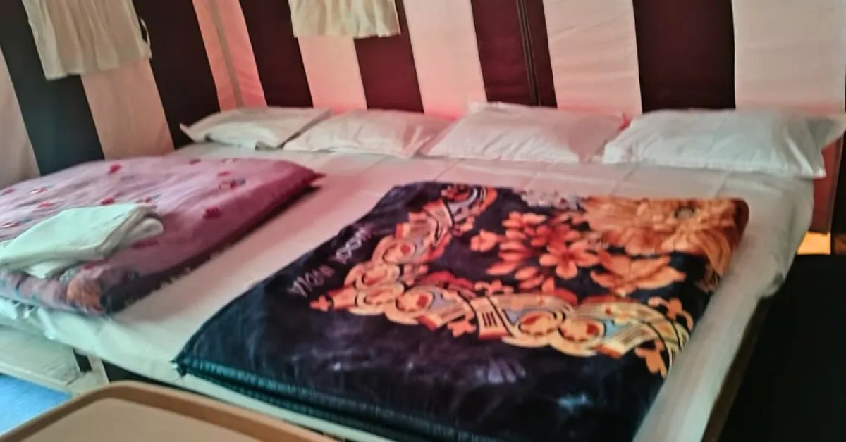 Adventure tent interior comfortable beds at resort